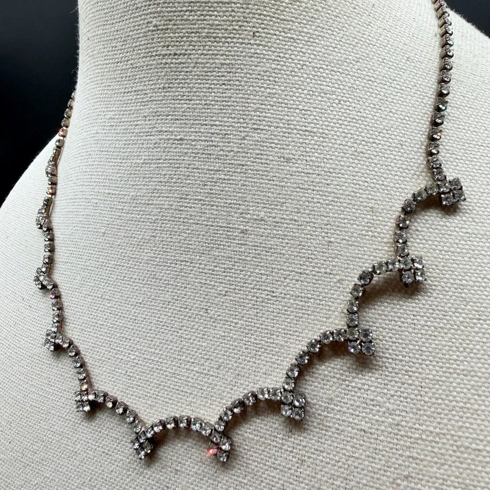 Clear Rhinestone Scalloped Choker Necklace Silver Tone Bridal Wedding Statement
